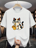 Men's T-Shirt Colorful Cartoon Cat With Round Glasses Holding A Jazz Saxophone Cat