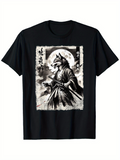 Men's T-Shirt Samurai Wolf Under Full Moon With Traditional Brush Ink Clouds Mist