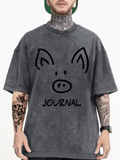 Men's T-Shirt Journal Minimalistic Pig Face Line Drawing On Faded Cotton T Shirt