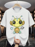 Men's T-Shirt Playful Cartoon Alien With Stars Among Floating Planets Spacesuit Creature