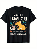 Men's T-Shirt May Life Treat You With Playful Cat Flowers And Happy Smiling Dog