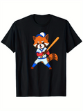 Men's T-Shirt Cartoon Red Panda Wearing Baseball Uniform With Cap Holding Bat
