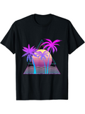 Men's T-Shirt Sunset Neon Glow With Waves Geometric Palms And Rising Sun