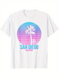 Men's T-Shirt San Diego Sunset Gradient With Palm Tree And Retro Horizon