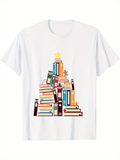 Men's T-Shirt Stacked Multicolor Books Shaped Like A Festive Holiday Tree