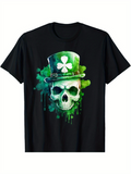 Men's T-Shirt Green Splash Watercolor With Shamrock Top Hat Skull