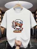 Men's T-Shirt Whimsical Brown Cat Chef Tossing Toppings Onto Cheesy Pizza
