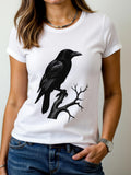 Women's T-Shirt Ink Black Raven Perched On Bare Tree Branch In Still Silence