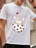 Men's T-Shirt Playful Mouse In Polka Dot Teacup With Ladybugs Adorable Animal Scene