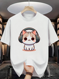 Men's T-Shirt Cartoon Kitten With Large Headphones Sitting Calmly Cat