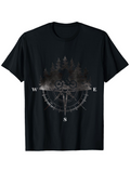 Men's T-Shirt Misty Forest Night With Compass Rose Direction Letters And Moonlit Owls