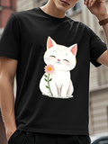 Men's T-Shirt Happy White Cat Sitting With Pink Flower Illustration