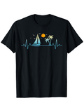 Men's T-Shirt Heartbeat Pulse With Sailboat Palm Trees Sun And Tranquil Ocean Scene
