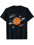 Men's T-Shirt Cosmic Basketball Floating Among Planets Shooting Stars And Saturn Ring