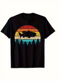 Men's T-Shirt Retro Sunset Silhouette Over Pine Trees With Majestic Swimming Fish