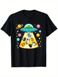 Men's T-Shirt Cartoon Alien Spaceship With Colorful Planets And Floating Cats