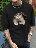 Men's T-Shirt Realistic Three Dimensional Effect With Peeking Cute Fluffy Cat