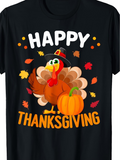 Men's T-Shirt Happy Thanksgiving Cheerful Cartoon Turkey With Autumn Leaves Pumpkin