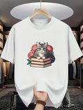 Men's T-Shirt Gentle Cat With Pink Blossoms Resting On Layered Classic Books