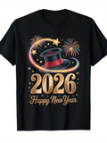 Men's T-Shirt Happy New Year 2026 Colorful Fireworks With Magic Hat
