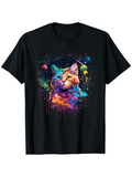 Men's T-Shirt Colorful Galaxy Paint Splatter Surrounding A Playful Cat Portrait