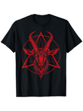 Men's T-Shirt Vivid Red Pentagram And Horned Goat Head Illustration On Black Shirt