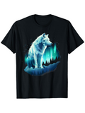 Men's T-Shirt Mystical Aurora Borealis Shimmering Night Forest With Majestic Lone Wolf