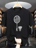 Men's T-Shirt Monochrome Graphic Design Of Badminton Racket With Shuttlecocks Featuring Bold Minimal Lines