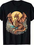 Men's T-Shirt Golden Moon Glow Swirling Clouds With Fire Breathing Ancient Dragon