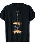 Men's T-Shirt Golden Sunset Reflected Among Forest And Lake Shaped Guitar