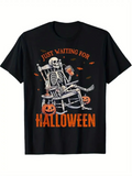 Men's T-Shirt Just Waiting For Halloween With Autumn Leaves Pumpkins And Skeleton