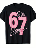 Men's T-Shirt Six Seven Pink Numbers With Script Text Over Black Shirt