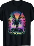 Men's T-Shirt Vibrant Neon Forest Landscape With Music DJ Surrounded By Deer