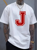 Men's T-Shirt Bold Red Border Varsity Letter J On White Tee