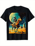 Men's T-Shirt Lone Cowboy Riding Horse Under Full Moon Desert Night