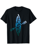 Men's T-Shirt Tribal Swirl Motif In Blue And Aqua Overlapping A Kayak Paddle