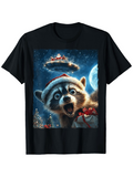 Men's T-Shirt Festive Night With Christmas Hat Raccoon Beneath A Glowing Moon