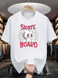 Men's T-Shirt Skate Board Cartoon Skull Art With Red Handdrawn Lettering Skull