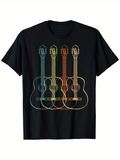 Men's T-Shirt Colorful Overlapping Outline Guitars On Soft Black Shirt Guitar