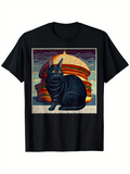 Men's T-Shirt Retro Style Painting With Black Cat In Front Of Cheeseburger