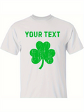 Men's T-Shirt Your Text Bright Green Shamrock Over White Cotton Tee