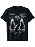 Men's T-Shirt Minimalist Line Drawing With Pine Trees Campfire And Majestic Mountain