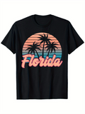 Men's T-Shirt Florida Sunset Striped Sky Among Silhouetted Palm Tree Scene