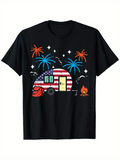 Men's T-Shirt Patriotic Fireworks With Camping Under Starry Night Camper