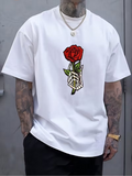 Men's T-Shirt Skeleton Hand Holding Red Blooming Rose Artwork