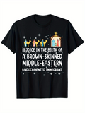 Men's T-Shirt Rejoice In The Birth Of A Brown Skinned Middle Eastern Undocumented Immigrant Colorful Nativity Scene With Three Wise Men Under Shining Star