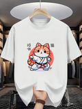 Men's T-Shirt Fiery Karate Cat With Red Sun Behind Fluffy Tail Cat
