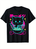 Men's T-Shirt Retro Neon Style Cat Eating Ramen Under Vibrant Sunset