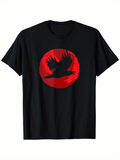 Men's T-Shirt Bold Red Sun With A Flying Crow Silhouette Centered On Black T Shirt