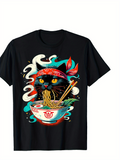 Men's T-Shirt Bandana Cat Slurping Noodles Surrounded By Steaming Ramen Bowl